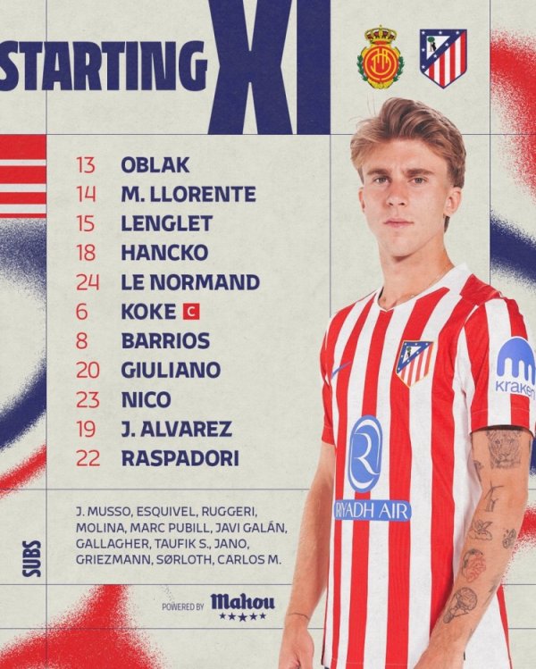 马竞杆位：科克、阿尔瓦雷斯先发，格列兹曼后备